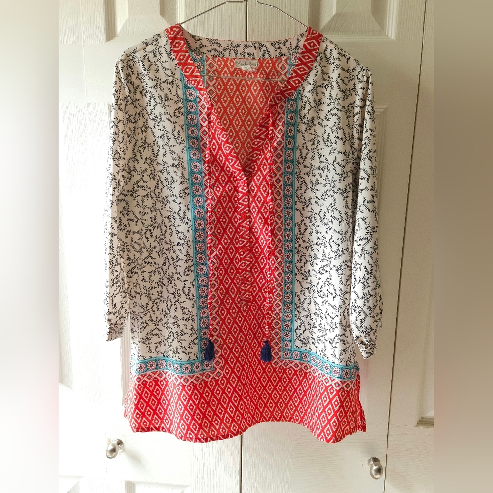 Antilia Femme Multicolored Bohemian Tie Tassel Tunic Blouse, Women's size Medium